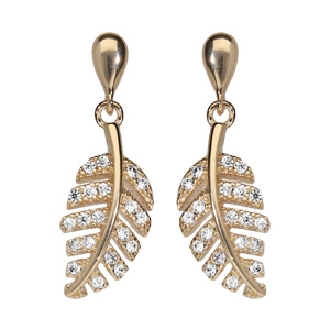 Boucles d’oreilles en plaqué or feuillage pendant orné d’oxydes blancs sertis et fermoir poussette