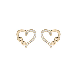 Boucles d’oreille en plaqué or coeur 2 côtés lisse et pavé d’oxydes blancs avec motif infini et fermoir poussette
