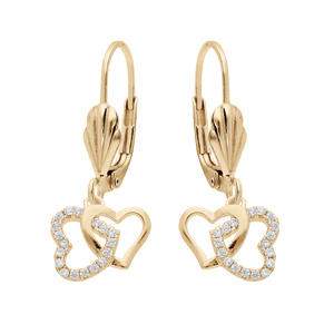 Boucles d’oreille en plaqué or double coeur entrelacé avec oxydes blancs sertis et fermoir dormeuse