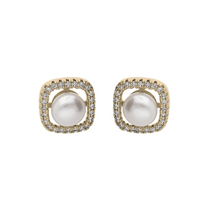 Boucles d’oreille en plaqué or carré oxydes blancs avec Perle de culture d’eau douce blanche et fermoir poussette