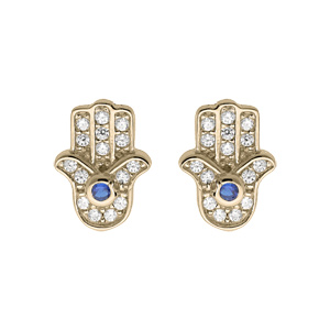 Boucles d'oreille en plaqué or main de Fatma pavée d'oxydes blancs et bleu et fermoir poussette