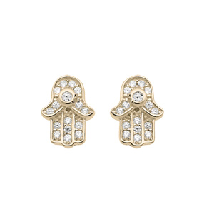 Boucles d’oreille en plaqué or main de fatma oxydes blancs et fermoir poussette
