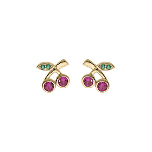 Boucles d’oreille plaqué or cerise oxydes rouge et vert