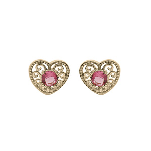 Boucles d’oreille en plaqué or forme coeur ajourée oxyde fushia et fermoir poussette