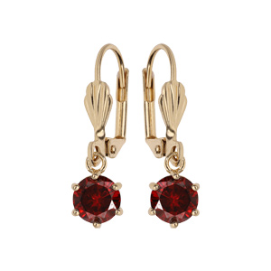 Boucles d'oreille pendantes en plaqué or avec pierre ronde rouge serti griffes et fermoir dormeuse