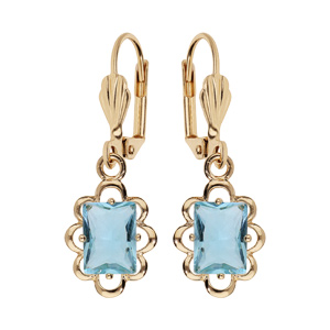 Boucles d’oreille pendantes en plaqué or avec pierre carre bleu ciel serti et fermoir dormeuse