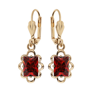 Boucles d’oreille pendantes en plaqué or avec pierre carre rouge serti et fermoir dormeuse