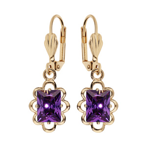 Boucles d’oreille pendantes en plaqué or avec pierre carre violette serti et fermoir dormeuse