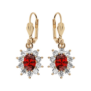 Boucles d'oreille pendantes en plaqué or collection joaillerie avec pierre ronde rouge contour oxyde
