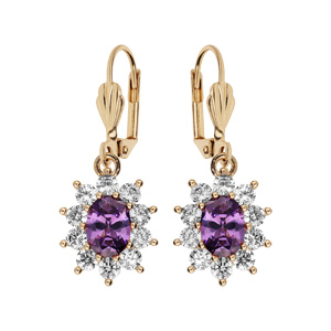Boucles d'oreille pendantes en plaqué or collection joaillerie avec pierre ronde violette contour ox