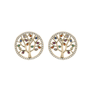 Boucles d’oreille en plaqué or arbre de vie 12mm oxydes multi couleurs et contour oxydes blancs sertis et fermoir poussette