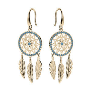 Boucles d'oreille en plaqué or attrape rêves ornée d'oxydes bleus suspendu et fermoir dormeuse