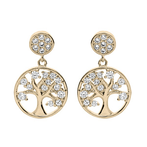 Boucles d'oreille en plaqué or pastille suspendue motif arbre de vie avec oxydes blancs sertis et fe