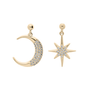 Boucles d’oreille en plaqué or lune et soleil avec oxydes blancs sertis et fermoir poussette
