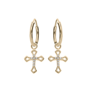 Créoles en plaqué or 10mm avec pampille croix oxydes blancs sertis