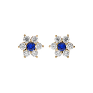 Boucles d’oreille en plaqué or marguerite oxydes centre bleu foncé et contour blancs sertis et fermoir poussette