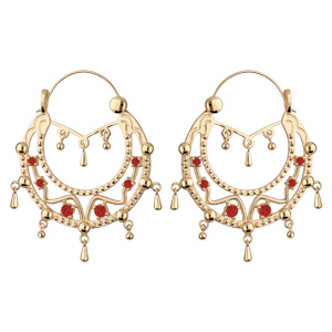 Créoles éthniques en plaqué or avec pierres rouges avec chaînette diamètre 45mm