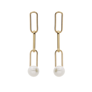 Boucles d'oreille en plaqué or mailles rectangulaire suspendue et Perle de culture d'eau douce fermo