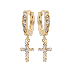 Créoles en plaqué or fantaisie avec pampille Croix d'oxydes blancs sertis