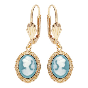 Boucles d’oreille en plaqué or Camée sur fond turquoise avec fermoir dormeuse