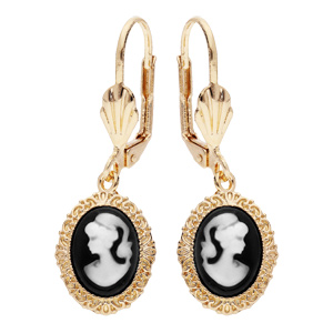 Boucles d’oreille en plaqué or Camée sur fond noir avec fermoir dormeuse
