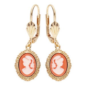 Boucles d’oreille en plaqué or Camée sur fond rose avec fermoir dormeuse