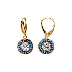 Boucles d'oreille en plaqué or ronde avec oxyde blanc et contour oxydes rectangulaires bleus fermoir