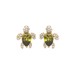 Boucles d'oreille en plaqué or tortue oxyde vert et blancs et fermoir dormeuse