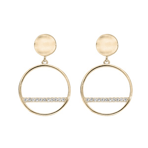 Boucles d’oreille en plaqué or cercle suspendu avec barrette oxydes blancs sertis et fermoir poussette