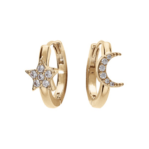 Créoles en plaqué or articulée diamètre 15mm étoile et lune avec oxydes blancs sertis