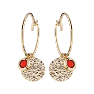 Créoles en plaqué or 15 mm avec pampilles pierres couleur corail et pastille antique