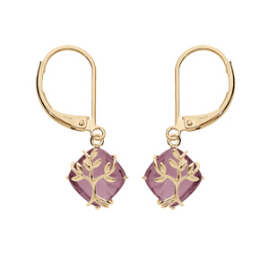 Boucles d’oreille en plaqué or oxyde violet motif arbre de vie et fermoir dormeuse