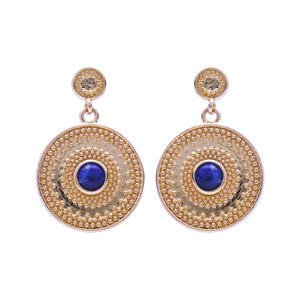 Boucles d’oreille pendantes en plaqué or rond suspendu forme géométrique avec Lapis Lazuli véritable et fermoir poussette