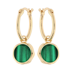 Créoles en plaqué or anneau 15mm suspendu avec pampille pierre Malachite véritable