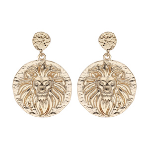 Boucles d’oreille pendantes en plaqué or pastille avec Lion finition antique et fermoir poussette