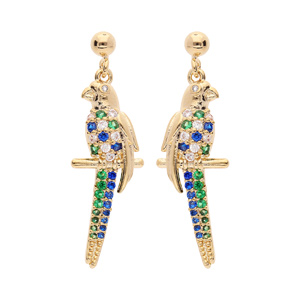 Boucles d’oreille pendantes en plaqué or perroquet empierré et fermoir poussette