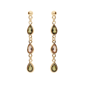 Boucles d’oreille en plaqué or pendantes avec gouttes d’oxydes verts et orangé et fermoir poussette