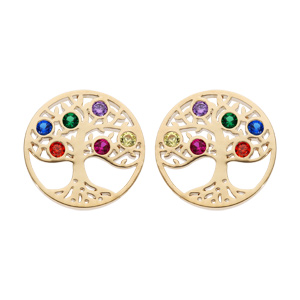 Boucles d’oreille en plaqué or ronde avec arbre de vie empierré multicolore et fermoir poussette