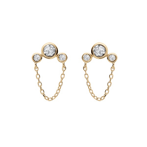 Boucles d’oreille en plaqué or 3 oxydes blancs sertis et chaînette et fermoir poussette