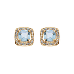 Boucles d'oreille en plaqué or massif pierre carré Topaze bleue véritable contour oxydes blancs sert