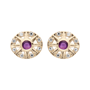 Boucles d’oreille en plaqué or cercle d’oxydes blancs et coeur Amethyste véritable et fermoir poussette