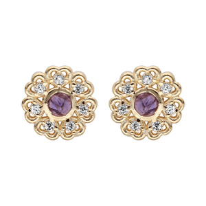 Boucles d’oreille en plaqué or fleur avec coeur Iolite véritable contour oxydes blancs sertis et fermoir poussette