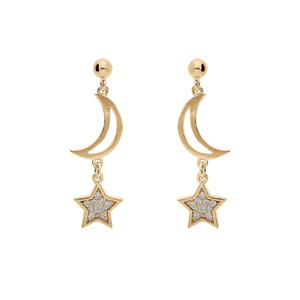Boucles d'oreille en plaqué or lune évidée et étoile avec oxydes blancs sertis et fermoir poussette