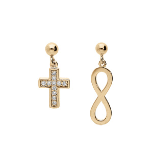 Boucles d'oreille en plaqué or symbole infini et croix avec oxydes blancs sertis et fermoir poussett