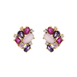 Boucles d'oreille en plaqué or géométrie oxydes roses et violets et fermoir poussette