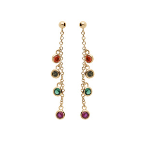 Boucles d'oreille en plaqué or chaînette avec pampilles ronde oxydes sertis multi couleurs et fermoi
