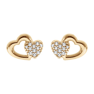 Boucles d'oreille en plaqué or double coeurs oxydes blancs sertis et fermoir poussette