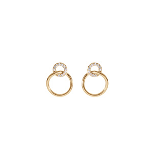 Boucles d'oreille en plaqué or 2 ronds 1 avec oxydes blancs sertis et 1 lisse et fermoir poussette