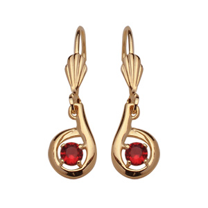 Boucles d'oreilles pendantes en plaqué or forme escargot avec oxyde rouge serti au centre et fermoir