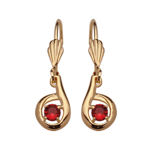 Boucles d’oreilles pendantes en plaqué or forme escargot avec oxyde rouge serti au centre et fermoir dormeuse